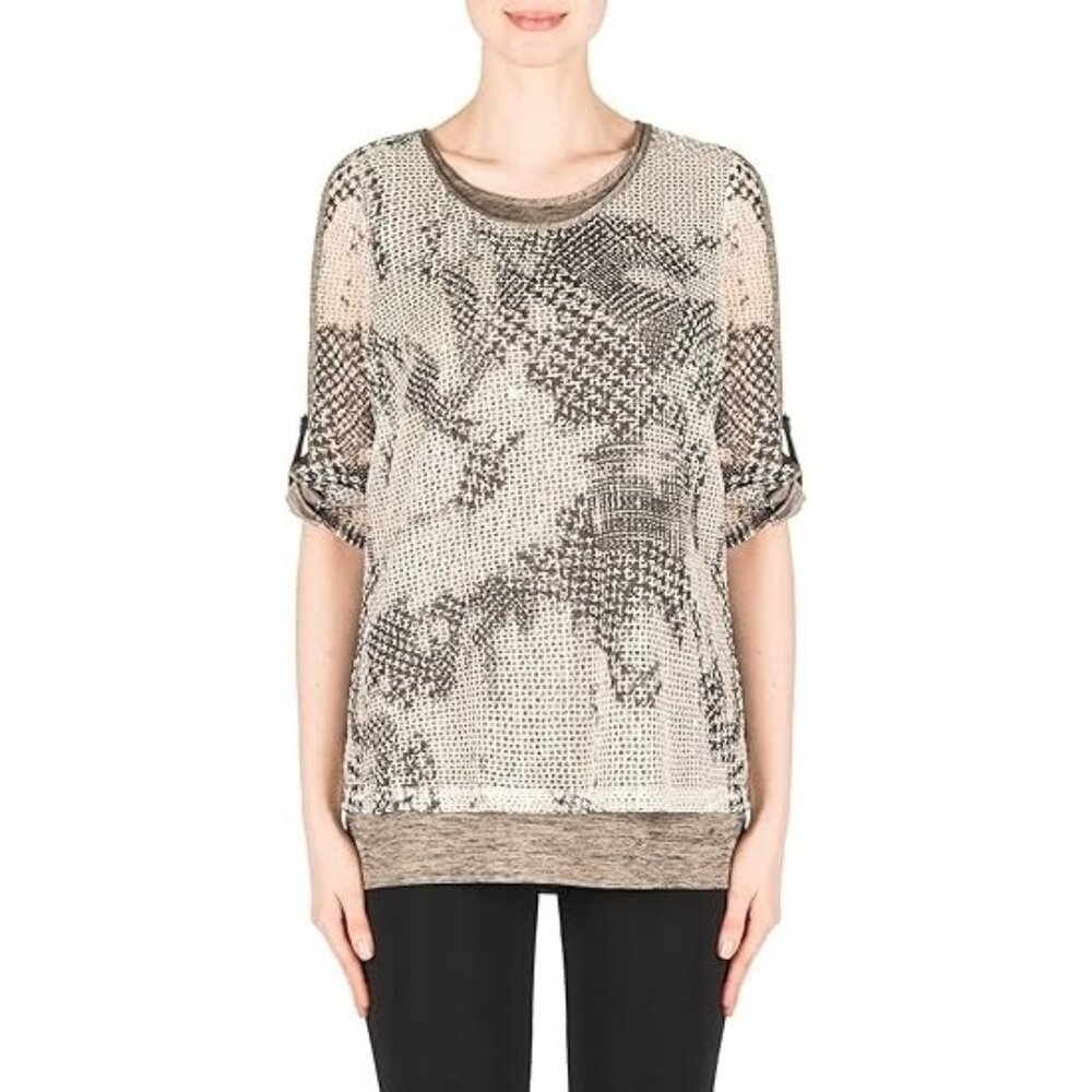 JOSEPH RIBKOFF Tunic Top Size 8 Mesh Overlay Stretchy Tank Roll Tab Sleeves